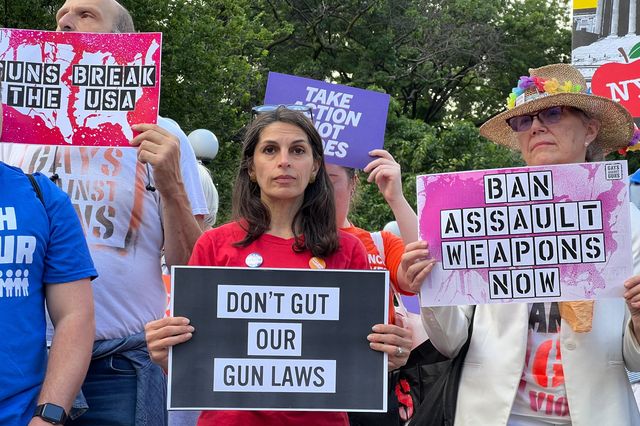 People gather for a rally in Union Square on Thursday after a U.S. Supreme Court ruling made it easier to legally carry guns in public.